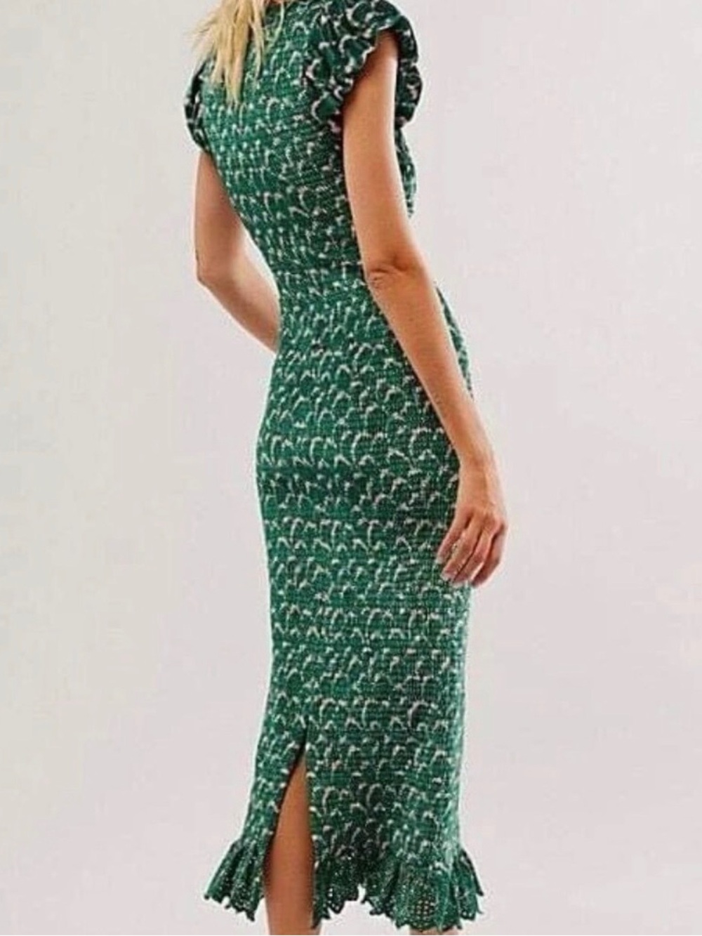 Green Smocked Knit Midi Dress with Ruffle Hem - Picture 2 of 6